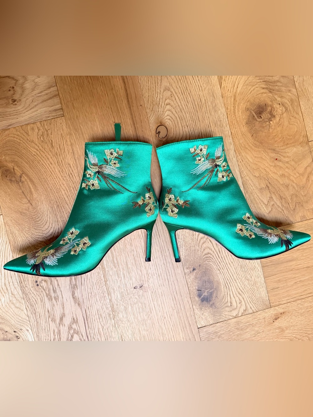 Zara Emerald Green Satin Embroidered Ankle Boots